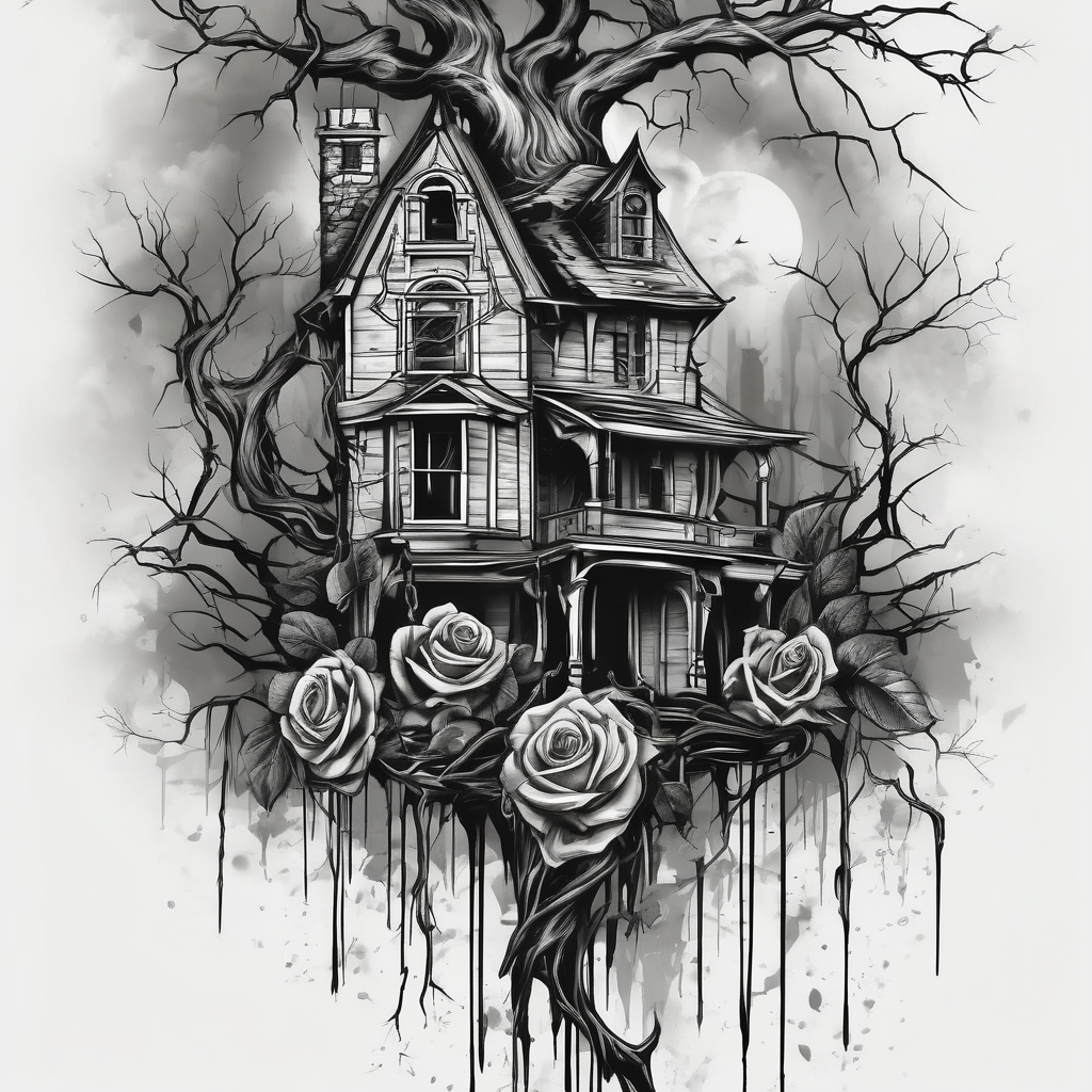 tattoo fool sleeve, old broken gothic home, broken sword, tree roots break out of the chains, roses hello kitty tattoo, design de tatouage Aquarelle généré par IA
